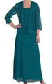 Elegant teal two-piece set featuring a floral lace cardigan and chiffon maxi dress for women - Green