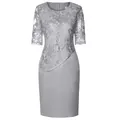 Elegant silver grey lace patchwork knee length dress with floral embroidery details - 3XL / Bottoms / Gray