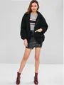 Stylish solid black fuzzy teddy jacket with zipper and front pockets for women apparel - S / Tops / Black