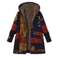 Detailed view of women's vintage printed hooded jacket with warm plush lining - S / Tops / Blue