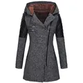 Detailed view of women's grey wool blend hooded coat with diagonal zipper and fur lining - S / Tops / Dark Gray