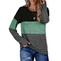 Women's casual crew neck long sleeve sweatshirt featuring a stylish color block design - Green
