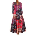 Robe longue vintage imprimée patchwork avec col en V, manches longues et poches latérales - S / Rouge