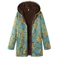 Close-up detail of women's long sleeve floral hooded coat featuring warm brown fleece lining - 3XL / Tops / Turquoise Green