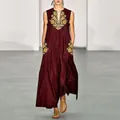 Robe longue élégante bordeaux sans manches avec col en V et broderie vintage - 3XL / Haut et Bas (Style Imprimé) (8632A) / Bordeaux