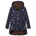 Women's navy blue floral hooded jacket featuring warm brown fleece lining and wooden buttons - 5XL / Tops / Plant Blue