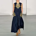 Élégante robe longue vintage sans manches avec décolleté en V profond et motifs ethniques. - 3XL / Haut et Bas (Style Imprimé) (8632A) / Bleu foncé