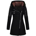 Front view of a dark woolen coat with an asymmetric zipper and quilted sleeves. - S / Tops / Black