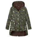 Detail view of the floral print and soft plush lining on this hooded women's jacket - Plant Green