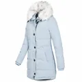 Parka invernale da donna di media lunghezza celeste con cappuccio in ecopelliccia bianca - Azzurro