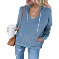Close-up detail of women's long sleeve solid blue V-neck hooded sweatshirt with white drawstrings - M / Tops / Blue