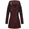 Front view of burgundy hooded coat with black quilted sleeves and asymmetric zipper detail - S / Tops / Red