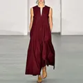 Robe longue bordeaux élégante sans manches avec col en V profond et une coupe très ample - 3XL / Haut et Bas (Style Couleur Unie) (9326) / Rouge Uni