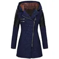 Blue hooded woolen trench coat with black quilted faux leather sleeves and diagonal zipper - S / Tops / Dark Blue