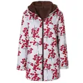Detail view of women's hooded jacket featuring red floral print and brown fuzzy lining - 3XL / Tops / White