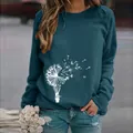 Dark teal women's crew neck sweatshirt with white dandelion graphic print - 3XL / Tops / Dandelion Blue