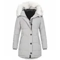 Premium women's mid-length winter parka with white faux fur hood in light grey - S / Tops / Light Gray