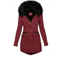 Detail of burgundy winter parka with black faux fur hood and drawstring waist - S / Tops / Red