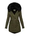 Women's army green winter parka with a large black faux fur hood and drawstring waist. - S / Tops / Green