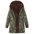 Women's vintage floral print hooded winter coat with thick brown fleece lining jacket - 3XL / Tops / Plant Green