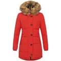 Women's mid-length red winter hooded puffer jacket with warm faux fur trim collar - S / Tops / Red