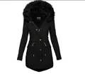 Close-up of black winter parka featuring a large faux fur hood and drawstring waist. - S / Tops / Black