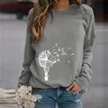 Women's casual loose gray long sleeve crewneck sweatshirt with white dandelion floral print - 3XL / Tops / Dandelion Grey