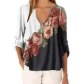 Vintage Damenbluse mit floralem Muster, V-Ausschnitt und Patchwork-Design für den Sommer - S / Oberteile / Weiß