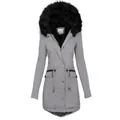 Detail of grey women's winter parka with a large black faux fur hood and drawstring waist. - S / Tops / Gray