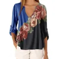 Damenhemd mit Blumenmuster, V-Ausschnitt, blau-schwarzem Patchwork und Rosenmotiv - S / Oberteile / Blau