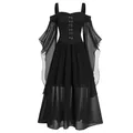 Gothic witch long dress with flared bell sleeves and lace-up corset front details - 3XL / Dresses / Black C