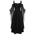 Front view detail of a black Gothic dress with flared sleeves and lace-up bodice - 3XL / Dresses / Black A
