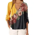 Sommerliche Vintage-Bluse mit Blumenmuster und V-Ausschnitt in Gelb und Grau für Damen - S / Oberteile / Gelb