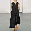 Élégante robe longue noire sans manches avec décolleté en V profond et coupe évasée ample - Noir Pur