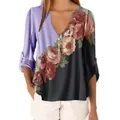 Vintage-Bluse für Damen mit Blumendruck, V-Ausschnitt und verstellbaren Ärmeln - S / Oberteile / Grau