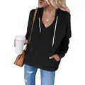 Women's black V-neck long sleeve hooded sweatshirt with drawstring detail and pocket - S / Tops / Black