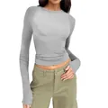 Slim fit grey long sleeve T-shirt for women featuring round neck and raglan sleeves design. - Light Gray