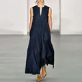 Robe longue élégante sans manches à col en V bleu marine, coupe ample et rétro. - Bleu Uni