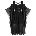 Vestido gótico de bruja con mangas acampanadas, correas de arnés y dobladillo irregular - S / Negro