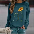 Women's teal crewneck sweatshirt featuring a sunflower and cat silhouette print - 3XL / Tops / Cat Blue