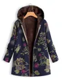 Women's long sleeve hooded floral print thick warm zip-up jacket in navy blue color - 3XL / Tops / Leaf Print Blue