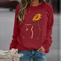 Dark red women's long-sleeve sweatshirt featuring a sunflower and cat graphic print - 3XL / Tops / Red Cat