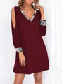 Macro view of burgundy cold-shoulder mini dress featuring elegant sequin V-neck trim - 3XL / Tops / Red