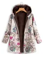 Detail view of women's floral hooded jacket with brown plush fleece lining and zipper - 3XL / Tops / Leaf Print Rose Red