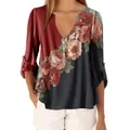 Elegant burgundy and dark grey floral print V-neck blouse with decorative buttons - S / Tops / Red