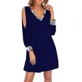 Elegant navy blue V-neck dress with sequined trim and cold-shoulder sleeves detail - 3XL / Tops / Dark Blue