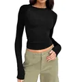 Detailed view of women's black crewneck raglan long sleeve slim fit pullover t-shirt - XS / Tops / Black