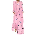 Robe longue rose à manches longues avec col en V, imprimé papillon et poches latérales - S / Haut Et Bas / Rose