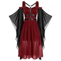 Elegante vestido gótico burdeos con hombros descubiertos, mangas acampanadas y arnés de cuero negro - S / Rojo