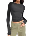 Close-up detail of women's slim fit black raglan long sleeve T-shirt with thumb holes. - Dark Gray
